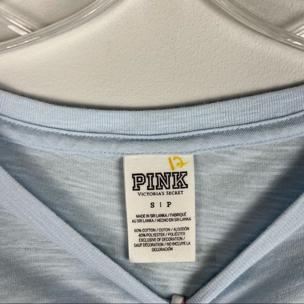 PINK VS Light Pastel Blue 3/4 Sleeve Varsity Fit Campus T-Shirt - Picture 4 of 5